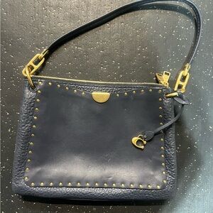 Coach Dark Blue Leather Shoulder Bag with Gold Details